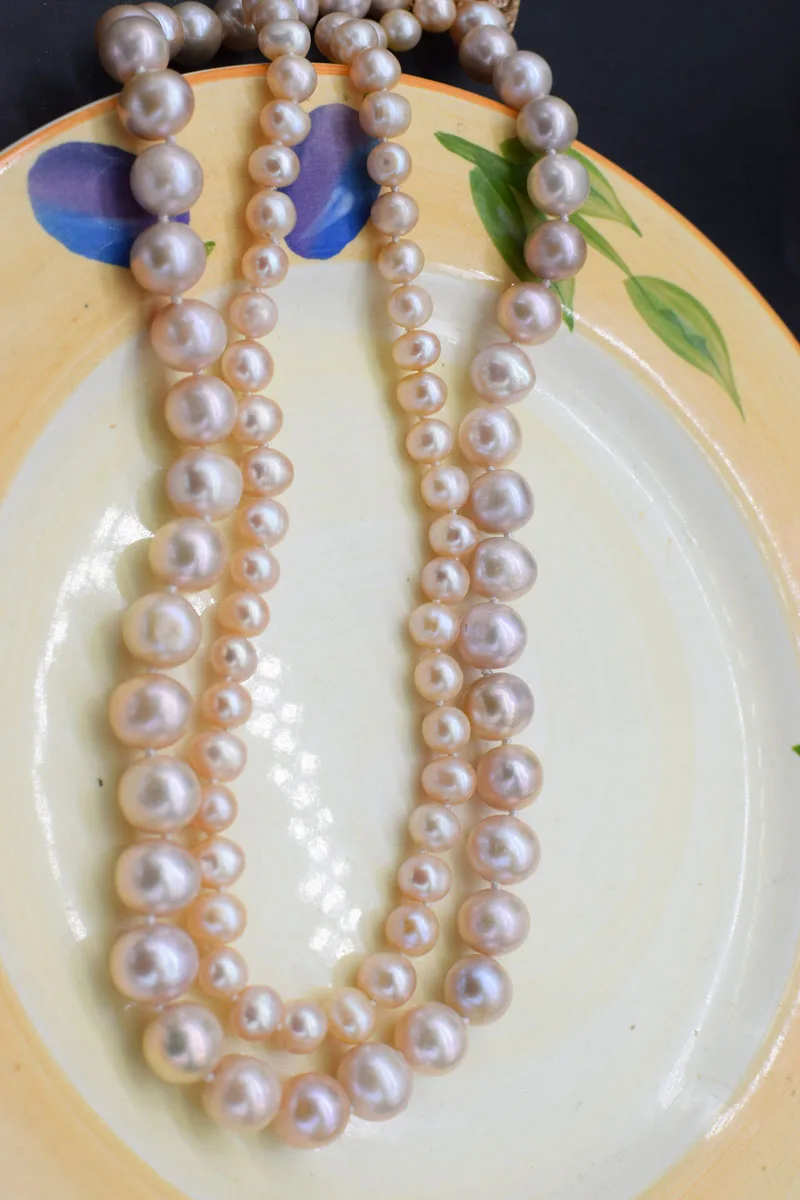 2rows gėlavandenių perlų, rausvos raundas 7/11mm karoliai 17-18inch didmeninė karoliukai pobūdžio FPPJ moteris