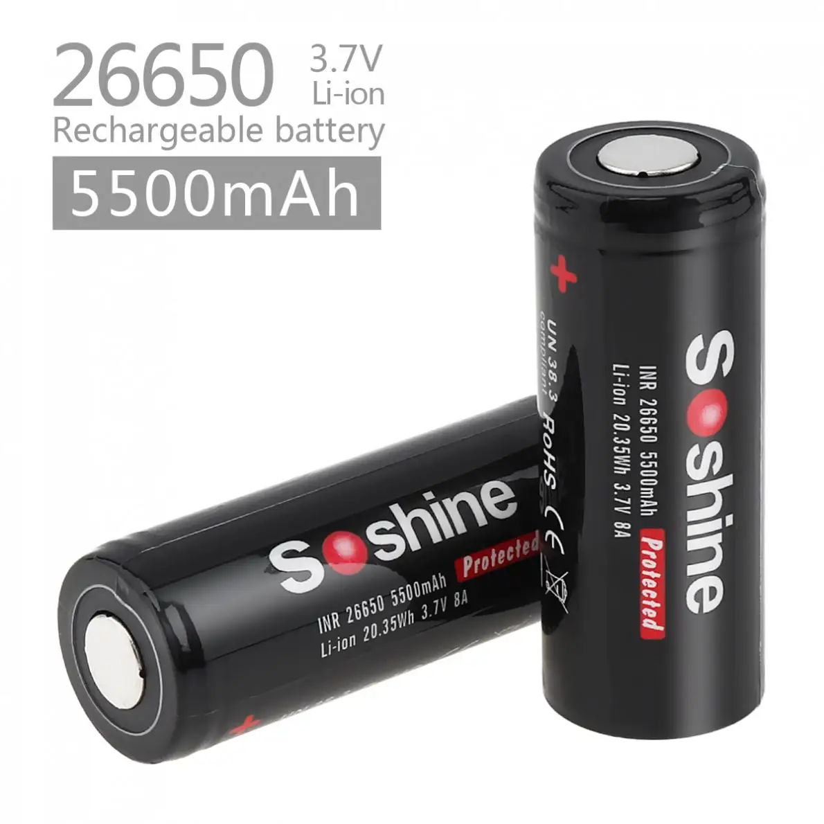 2vnt Soshine 3.7 V 5500mAh Didelės Talpos 26650 Li-ion Įkraunama Baterija su Saugomų PCB LED Žibintuvėlis / priekiniai Žibintai