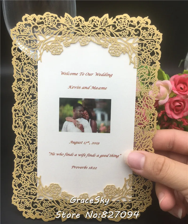 30pcs/daug 2019 NAUJAS lazeris skintų gėlių, Rožių dizainas, Meniu kortelės knygą Įrašyti Datą, RSVP, vestuves kvietimą korteles su tekstu individualų