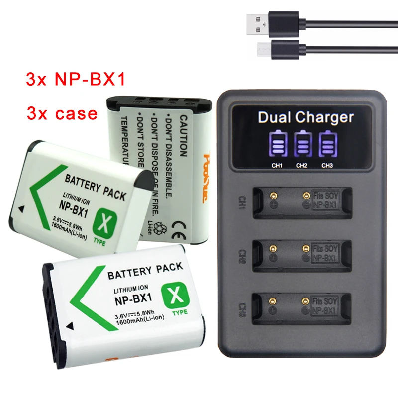3Pcs Bateria NP-BX1 NP BX1 baterija +LED Trigubą įkroviklį Sony RX1 RX100 M3 RX1R WX300 HX300 HX400 HX50 GWP88 PJ240E