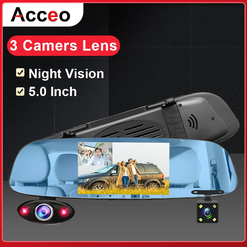 ACCEO Automobilio galinio vaizdo Veidrodis Dvr 5.0 Colių galinio vaizdo Veidrodis FHD Vaizdo įrašymo 3 Kamera HD Objektyvas, Dashcam su galinio vaizdo Kamera