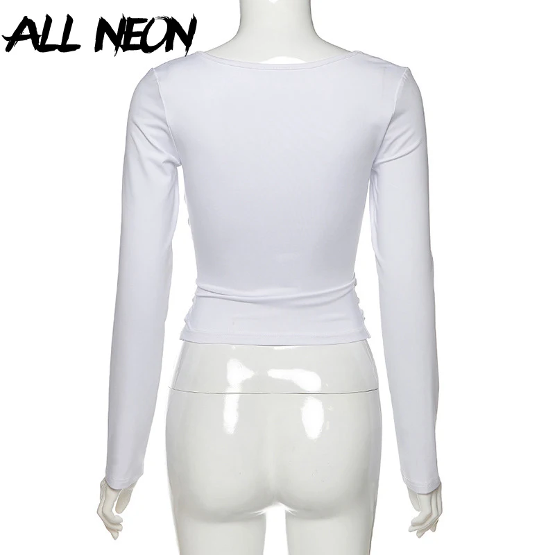 ALLNeon Mados Nėriniai Priekyje Apkarpyti Viršūnes Moterų Kietas Nerijos Apykaklės Tuščiaviduriai Iš Long Sleeve T-shirts 90s E-girl Stiliaus Baltos Viršūnės
