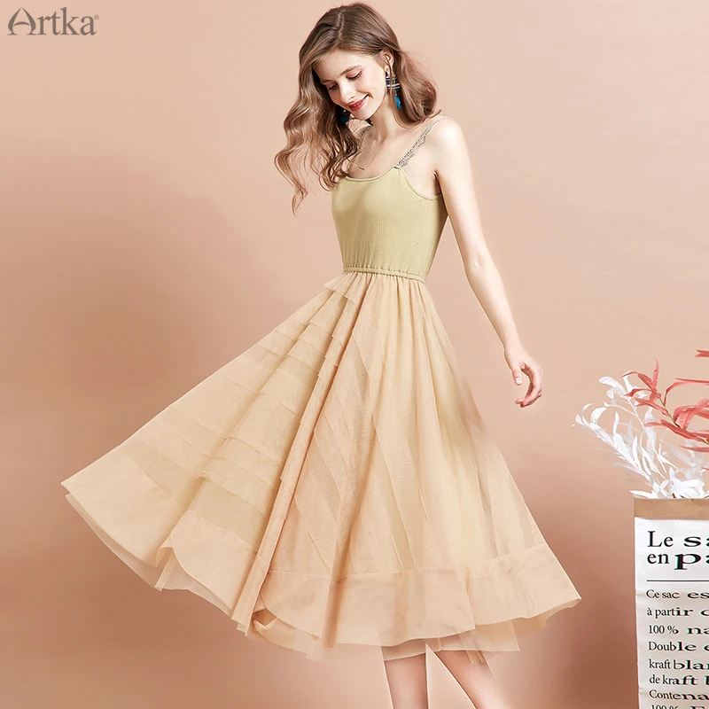 ARTKA 2020 m. Pavasarį Naujas Moterų Suknelė Elegantiškas Spageti Dirželis Suknelės Multi-layer Tinklelio Suknelė Aukšto Juosmens Princesė Suknelės LA15298C