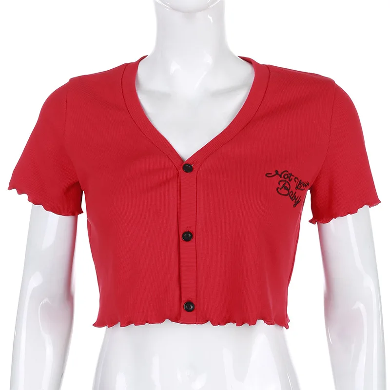 ArtSu Laišką Siuvinėjimo V neck T marškinėliai Moterims Raudona ilgomis Rankovėmis Pasėlių Viršų Seksualus Atsitiktinis Mielas Viršūnes Kalėdų Streetwear ASTS21282