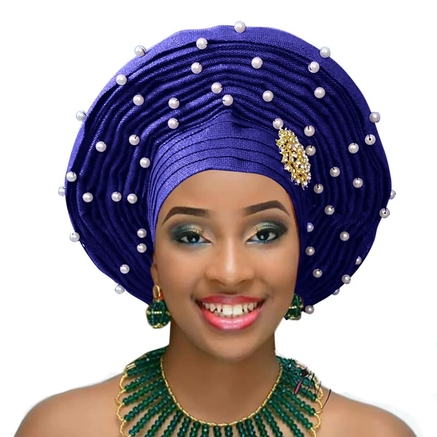 Aso oke headtie moters vestuvių auto gele su perlų afrikos headtie vestuvių galvos apdangalai 2018