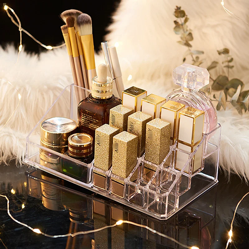 Aukso makiažas organizatorius Laikymo dėžutė plastikinė talpykla Atveju, lūpų dažai, Odos priežiūros, Nagų lako rangement maquillage Stendas