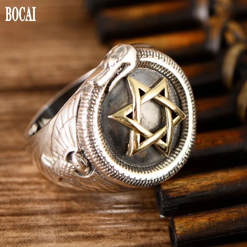 BOCAI Naujas nekilnojamojo s925 Gryno sidabro šešiakampė žvaigždė, gyvatės žiedas asmenybės Tailando sidabro didžiuoju pirštu mados vyras žiedas