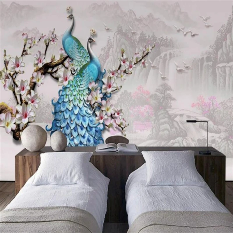Beibehang 3d foto tapetai flash Kinijos kambarį, miegamąjį, TV foną, paukštis, Povas Magnolija didelių sienų tapetai