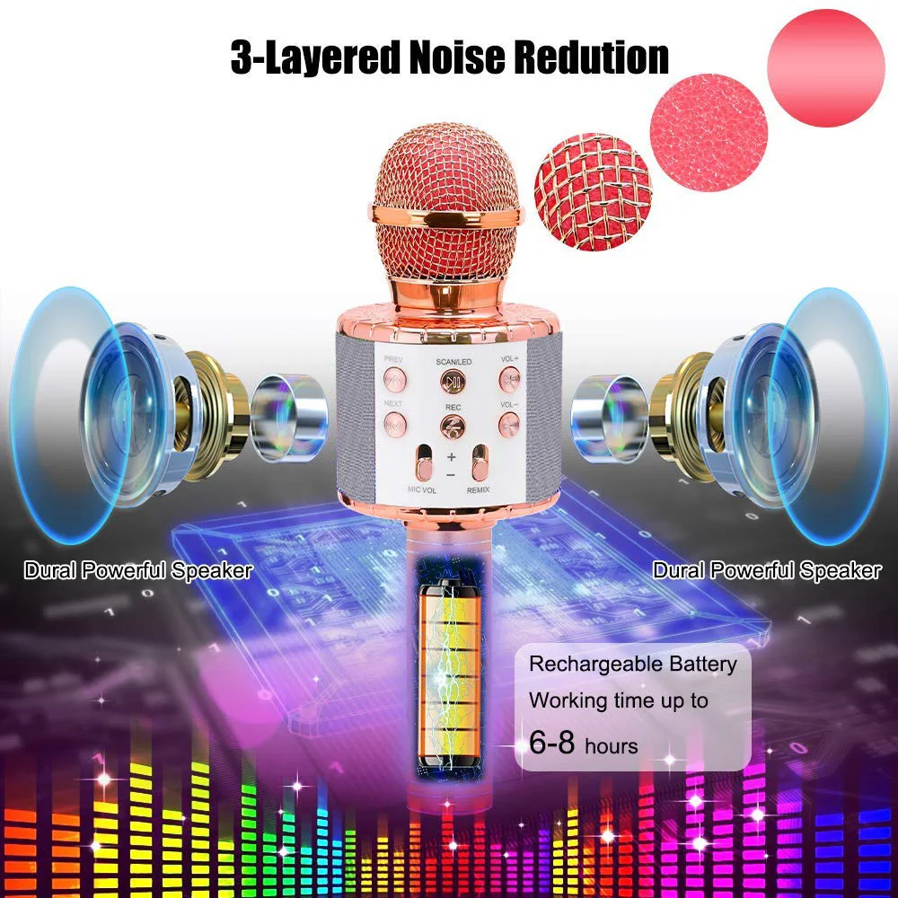Bevielis Karaoke Mikrofonas, 4 in 1 Bluetooth Mikrofonas Vaikams Su Led Žibintai Garsiakalbis Įrašyti Remix Funkcija Telefono/VNT
