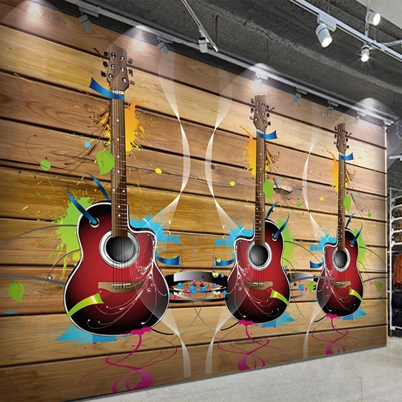 Custom 3D Tapetai Retro Medžio Lenta Gitaros Muzikos Freskomis Restoranas KTV Baras Fone Sienų Dekoras Kūrybos 3D Derliaus Sienos Popieriaus
