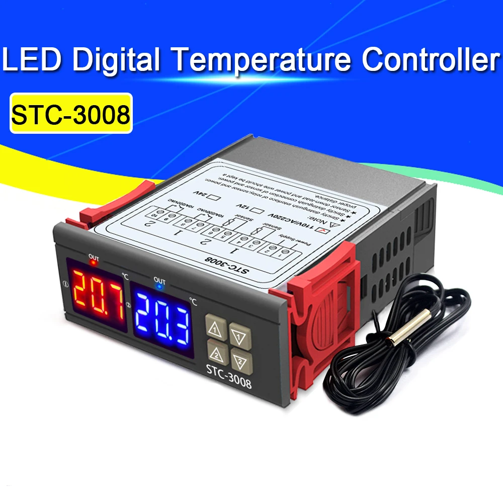 Dvigubas Skaitmeninis Temperatūros Reguliatorius Du reliniai išėjimai Termostatas Thermoregulator 10A Šildymo Aušinimo STC-3008 12V 24V 220V
