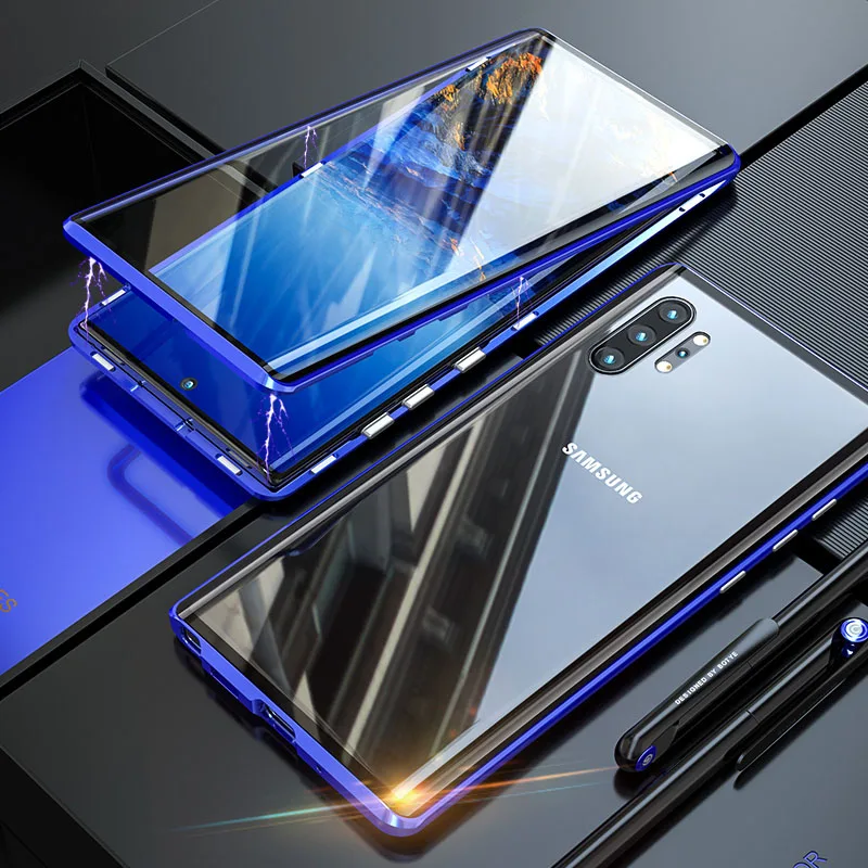 Dvipusės Grūdintas Stiklas Hard Case For Samsung Note 10 Plius Byla Metalo Rėmelio Magnetinio antidetonaciniai Dangtelį Galaxy Note10 Shell