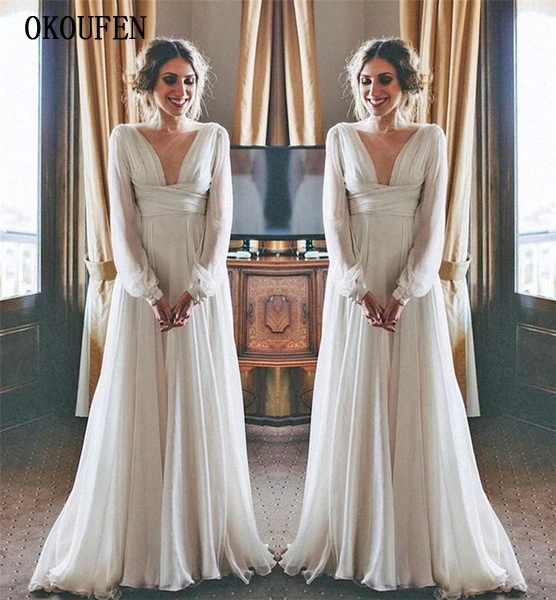 Elegantiškas Vestuvių Suknelės 2020 Šifono Prijungti V-Kaklo Imperijos vestido de novia Vyskupas Rankovėmis chalatas, mariage Paplūdimio Vestuvių Suknelės