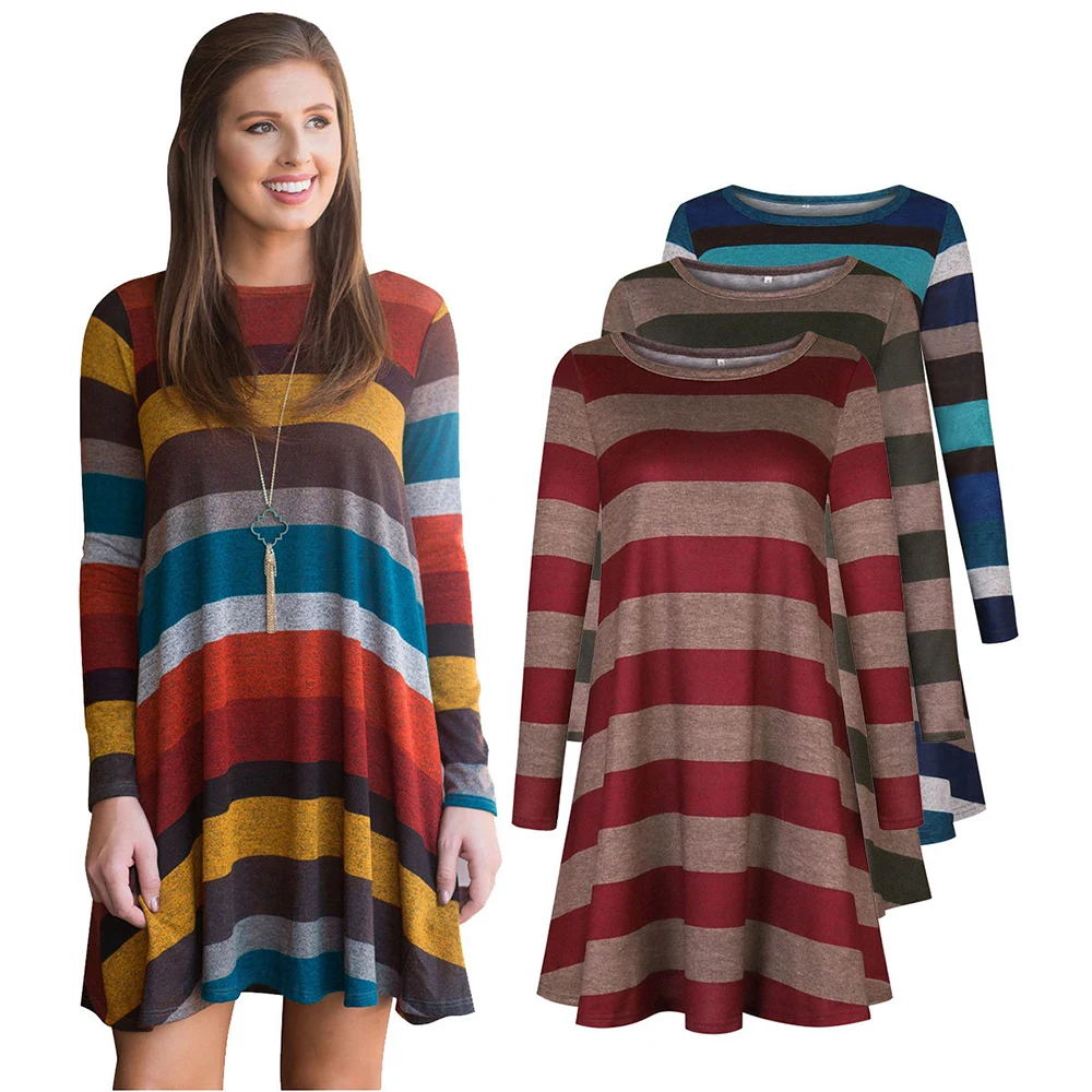 Europos ir Amerikos karšto pardavimo moterų rudenį ir žiemą karšto stiliaus plati spalvų dryžuotas ilgomis rankovėmis suknelė