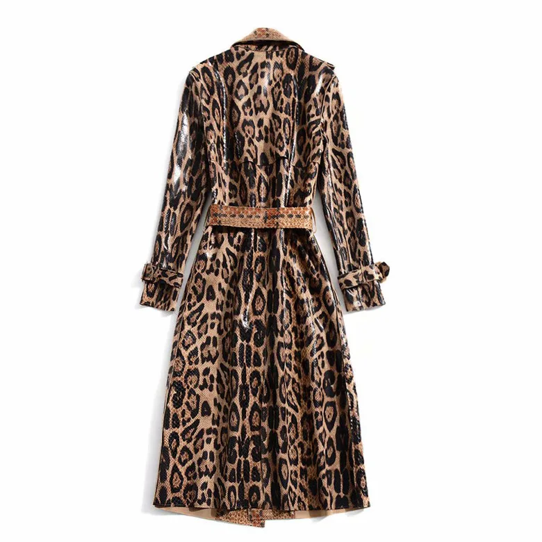 Europos ir Amerikos moterų 2019 žieminiai drabužiai, nauji ilgomis rankovėmis atvartas Leopardas spausdinti nėriniai-up Tranšėjos paltai