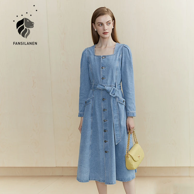 FANSILANEN Derliaus rudenį, žiemą ilgai mėlyna džinsinio audinio suknelė Moterims ilgomis rankovėmis slim elegantiškas džinsai suknelė Atsitiktinis diržas office suknelė 2020 m.