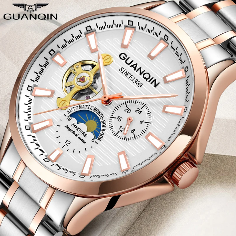 GUANQIN Tourbillon mechaninė vyriški laikrodžiai top brand vandeniui laikrodis vyrams, verslo automatinis analoginis žiūrėti relogios masculino
