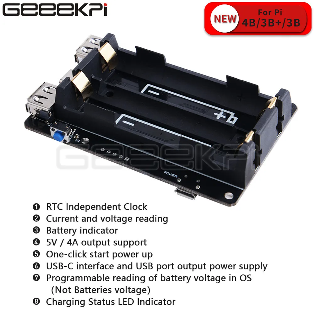 GeeekPi 18650 Naujus LANGUS Su RTC & Coulometer Pro Extended Dvi USB Maitinimo Tiekimo Įrenginys, Aviečių Pi 4 B / 3B+ / 3B