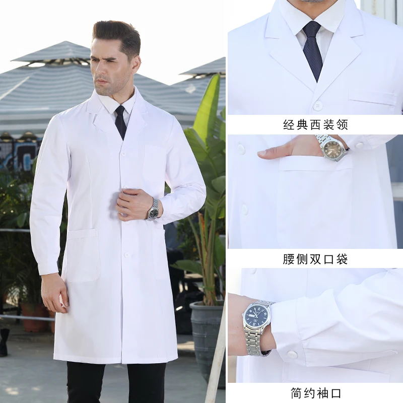 Gydytojai baltus apsiaustus su ilgomis rankovėmis, dėvėti vyriški medicinos uniformas. Kolegijos studentai lab paltai mūvėkite chemiškai slaugytojų