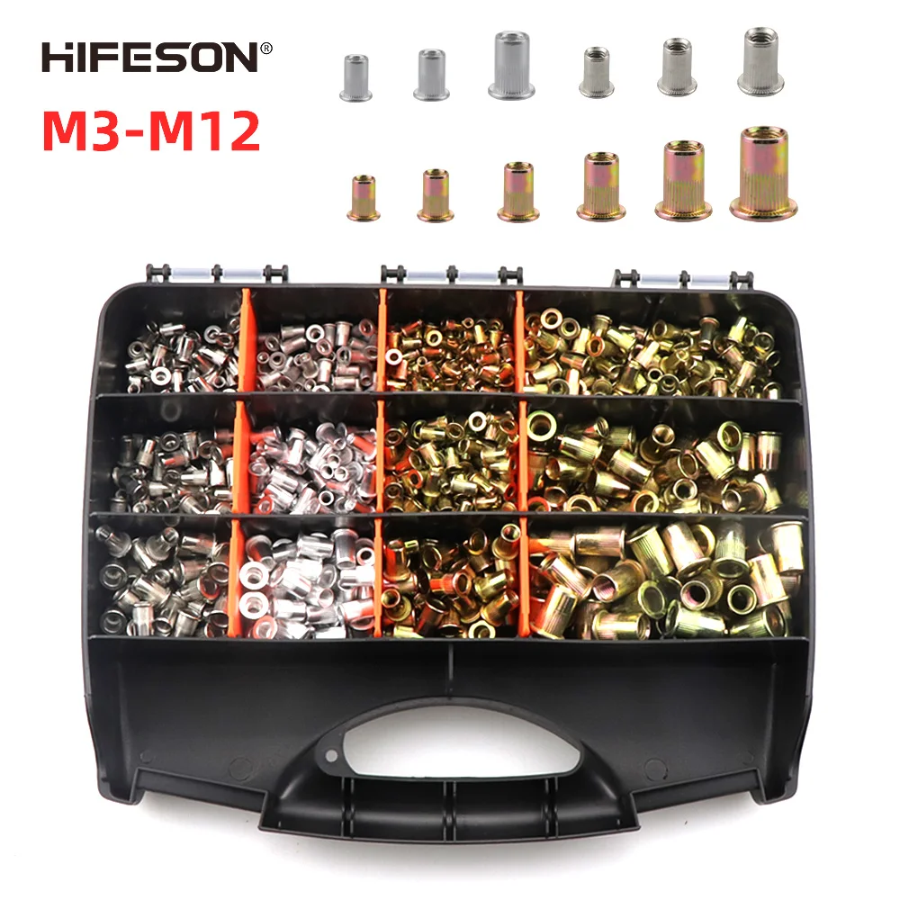 HIFESON 900/1200/1450PCS Multi-specifikacija M3-M12 Vadovas Kniedės Ginklą Reikmenys iš Geležies arba Aliuminio/Nerūdijančio Plieno Riešutų Rinkinys