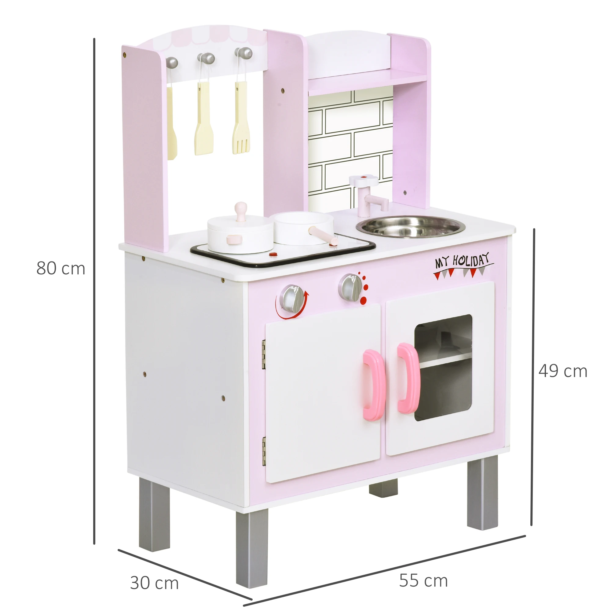 HOMCOM cocinite žaislas su garsu funkcija spinta kabliukai vaikai virtuvės švietimo + 3 metų Medienos 55x30x80 cm, rožinė