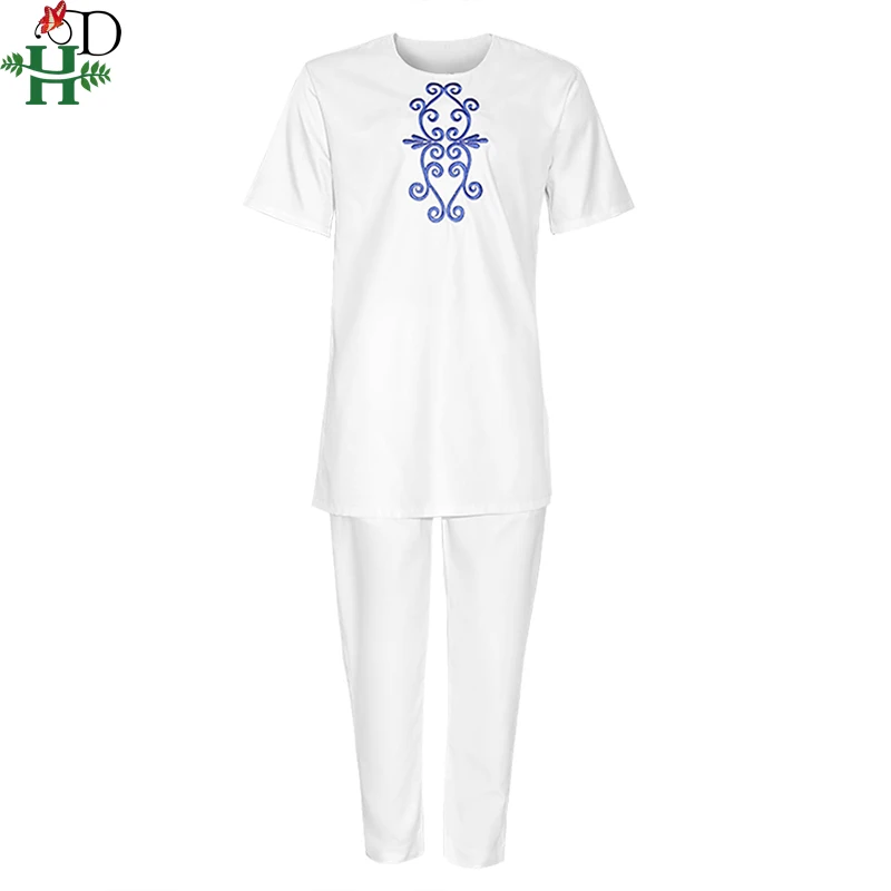 H&D Afrikos Vyrų Dashiki 2 dalių Komplektas Trumpas Rankovės marškinėliai Kelnės, Kostiumas Mėlynas Siuvinėjimo, baltus Drabužius Boubou Afrikinio Homme PH8093