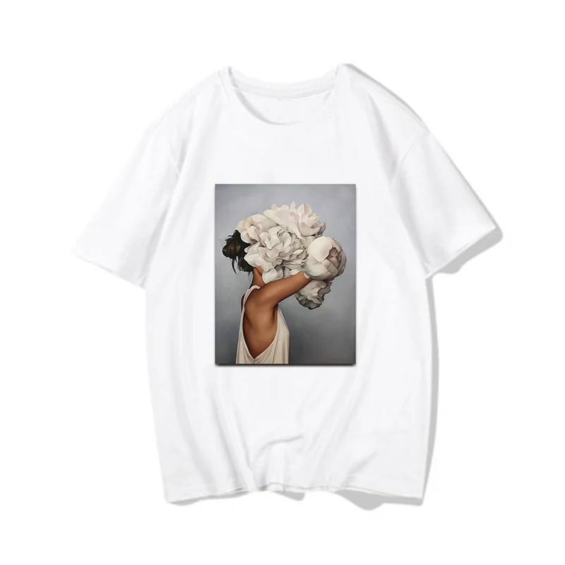 Harajuku Estetinės Plunksnų Gėlių Spausdinti marškinėliai Mados Moterų sportinius Marškinėlius Modelis fotografija modelio marškiniai viršuje streetwear