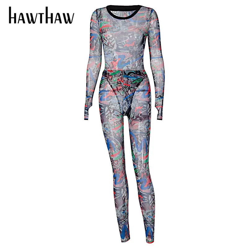 Hawthaw Moteris Rudens-Žiemos Ilgomis Rankovėmis Atspausdintas Matyti Per Akies Bodysuit Ilgas Kelnes Dviejų Dalių Rinkiniai 2020 M. Rudenį Drabužių Streetwear