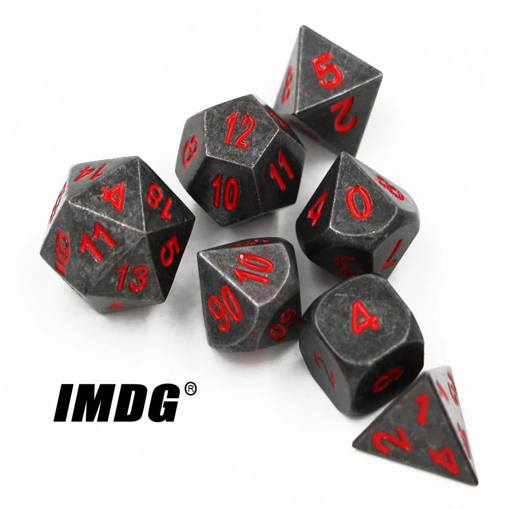 IMDG 7pcs/set Kūrybos RPG Žaidimas Kauliukais, Polyhedron Metalo Kauliukai DND Danga Juoda Raudona Skaitmeninis Žaidimas Kauliukai