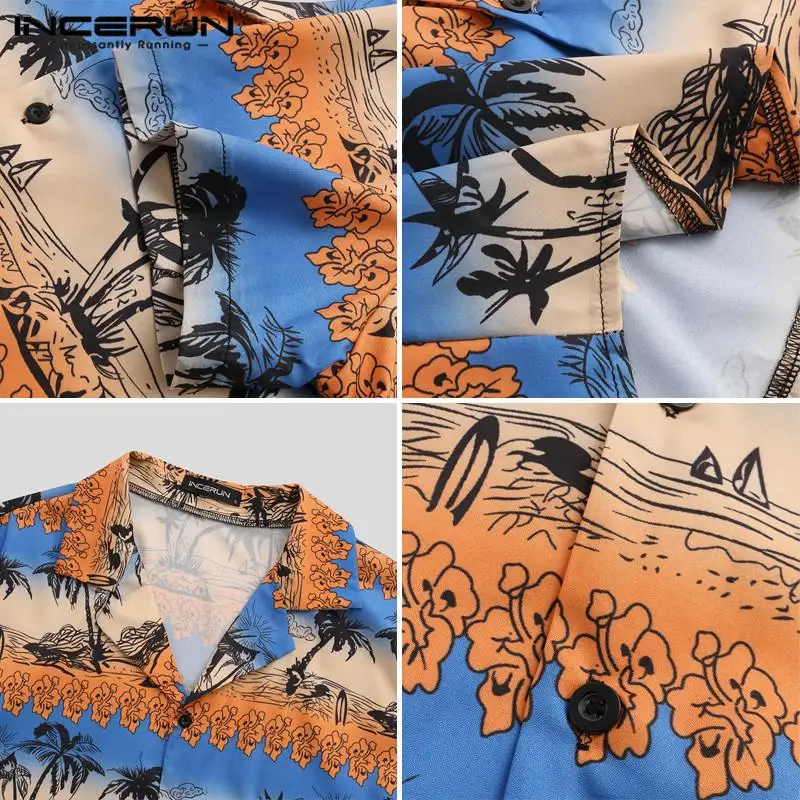 INCERUN Vyrų Havajų Marškinėliai Spausdinami Atvartas Streetwear Mygtuką Kvėpuojantis Camisa Trumpas Rankovės Mados Paplūdimio Atogrąžų Marškinėliai Vyrams 2021