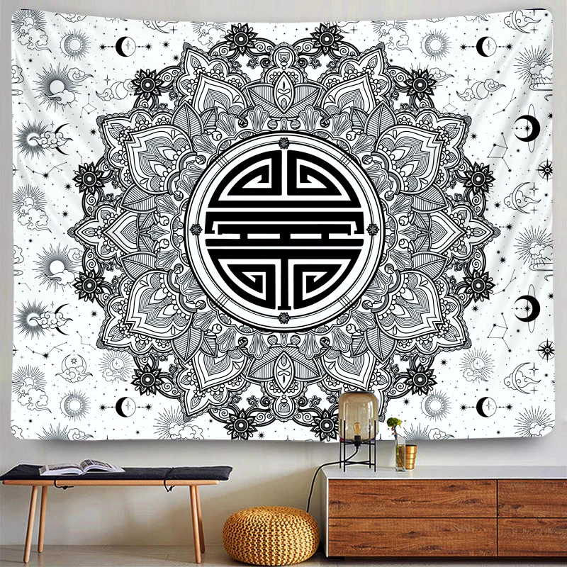 Indija Mandala TapestryTarot Blackand Baltas Dangus, Saulė, Mėnulis Jogos Antklodė Bendrabutyje Miegamasis Astrologija, Raganavimas PatternTapestry 2021