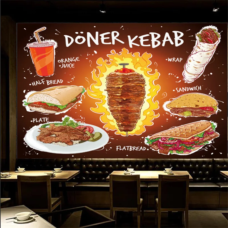 Individualizuotos Rankų parengtos Doner Kebabas Butas Duona Sandwich Plokštės su Apelsinų Sultys Sienų Tapetai Greito Maisto Restoranas 