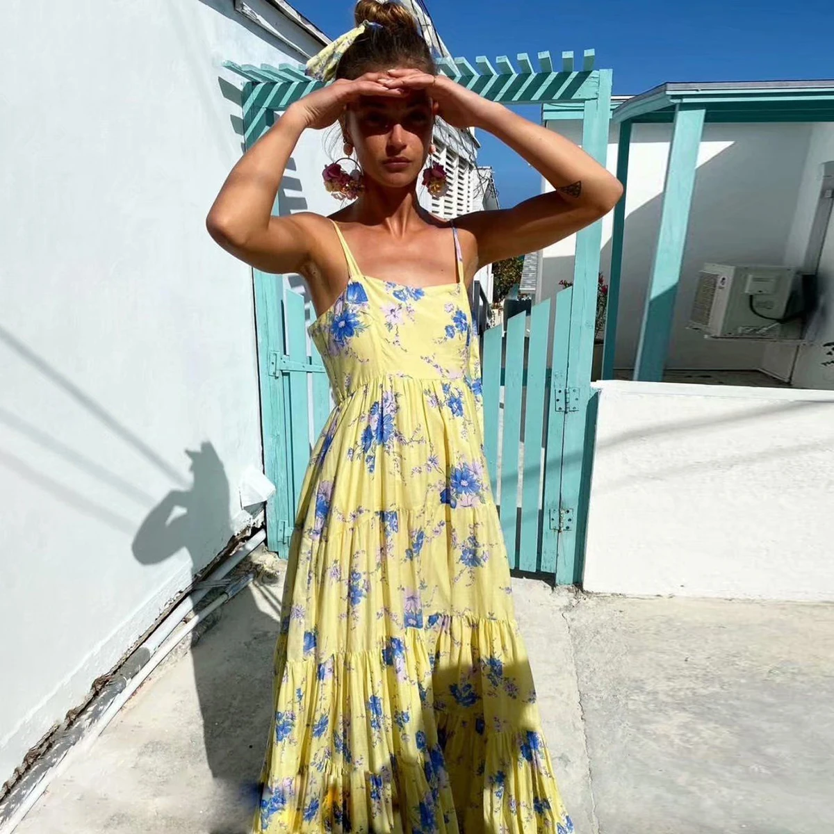 Jastie Geltonos Spalvos Gėlių Spausdinti Šifono Midi Suknelė 2021 M. Vasaros Moterų Berankovis Lankas Strappy Boho Suknelės Didelis Hem Atsitiktinis Paplūdimio Suknelė
