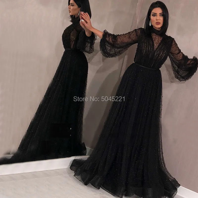 Juoda Musulmonų Vakaro Suknelės 2019-line ilgomis Rankovėmis Tiulio Perlai Ilgai Islamo Dubajus, Saudo arabų Ilgai Oficialų Vakare Gown