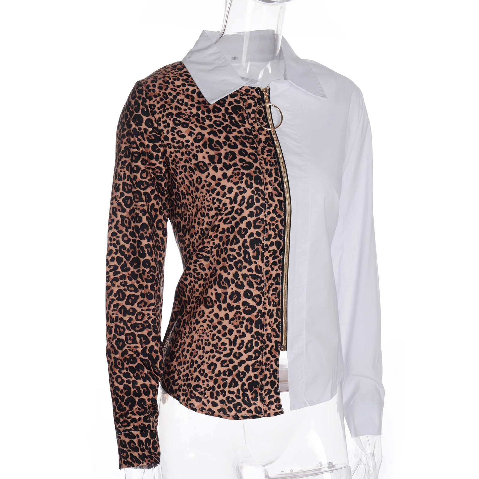 Karšto Mados Leopard Balta Spliced Palaidinė Moterims Marškinėliai Pavasarį, Rudenį Ilgomis Rankovėmis Zip-Up V-Kaklo Viršūnes Atsitiktinis Moterų Plius Dydžio Palaidinė