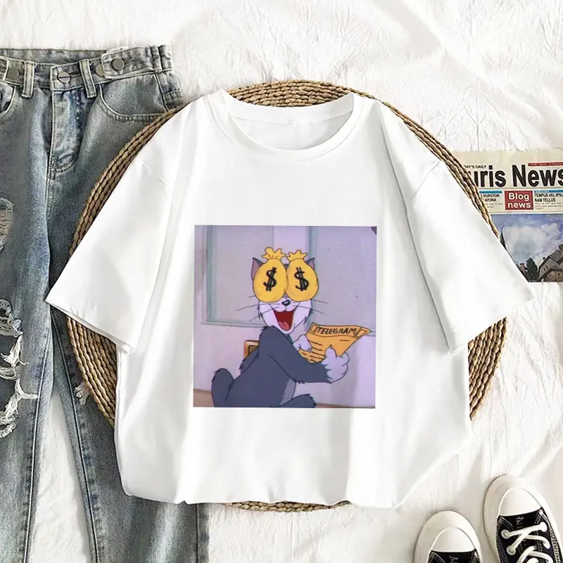 Kačių Tom Myli Dolerių Juokinga Spausdinti Animaciją Marškinėlius Moterims Grunge Estetinės T-shirt Grafikos Negabaritinių Marškinėliai Atsitiktinis Viršų Tees Moteris