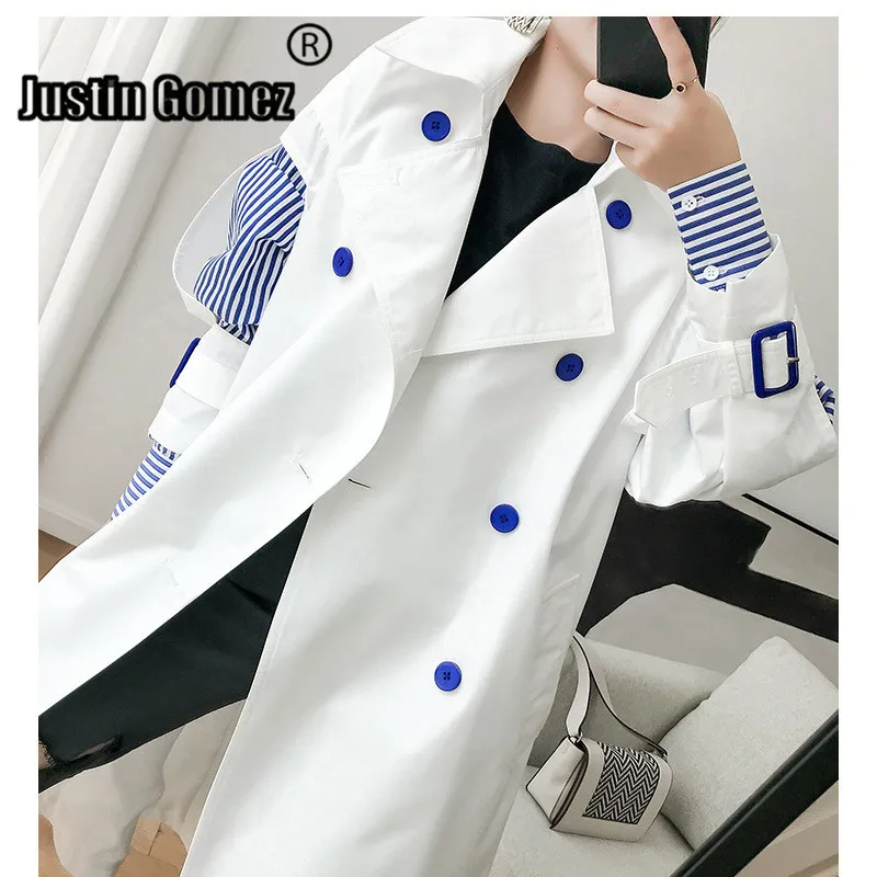 Korėjos Dizaino Mados vientisos Baltos Spalvų Kratinys Dryžuotas Tranšėjos Paltai Švarkelis, Plius dydis atsitiktinis Moterų viršutinių drabužių siuvimas