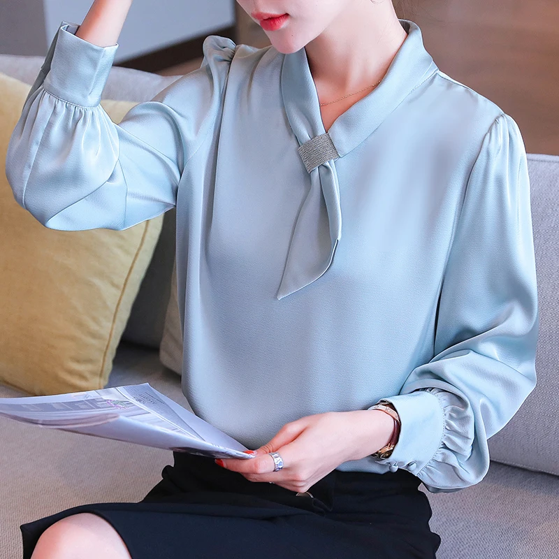 Korėjos Šilko Palaidinės Moterims, Satino, Šilko Elegantiška Palaidinė Moterų Ilgas Rankovėmis Marškinėliai Ponios Viršūnes Plius Dydis Blusas Mujer De Moda 2020 m.