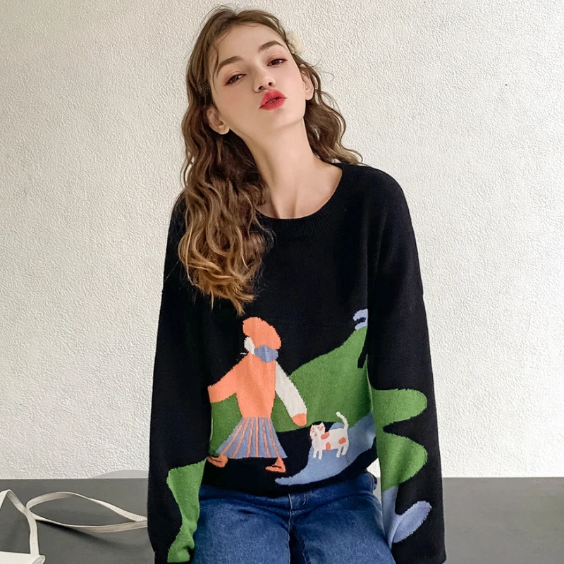 LINKSMŲ GANA Animacinių filmų Siuvinėjimo Megztiniai Megztinis Rudenį, Žiemą Moterų Megztinis Džemperis O-Kaklo, ilgomis Rankovėmis moterims megztiniai puloveriai