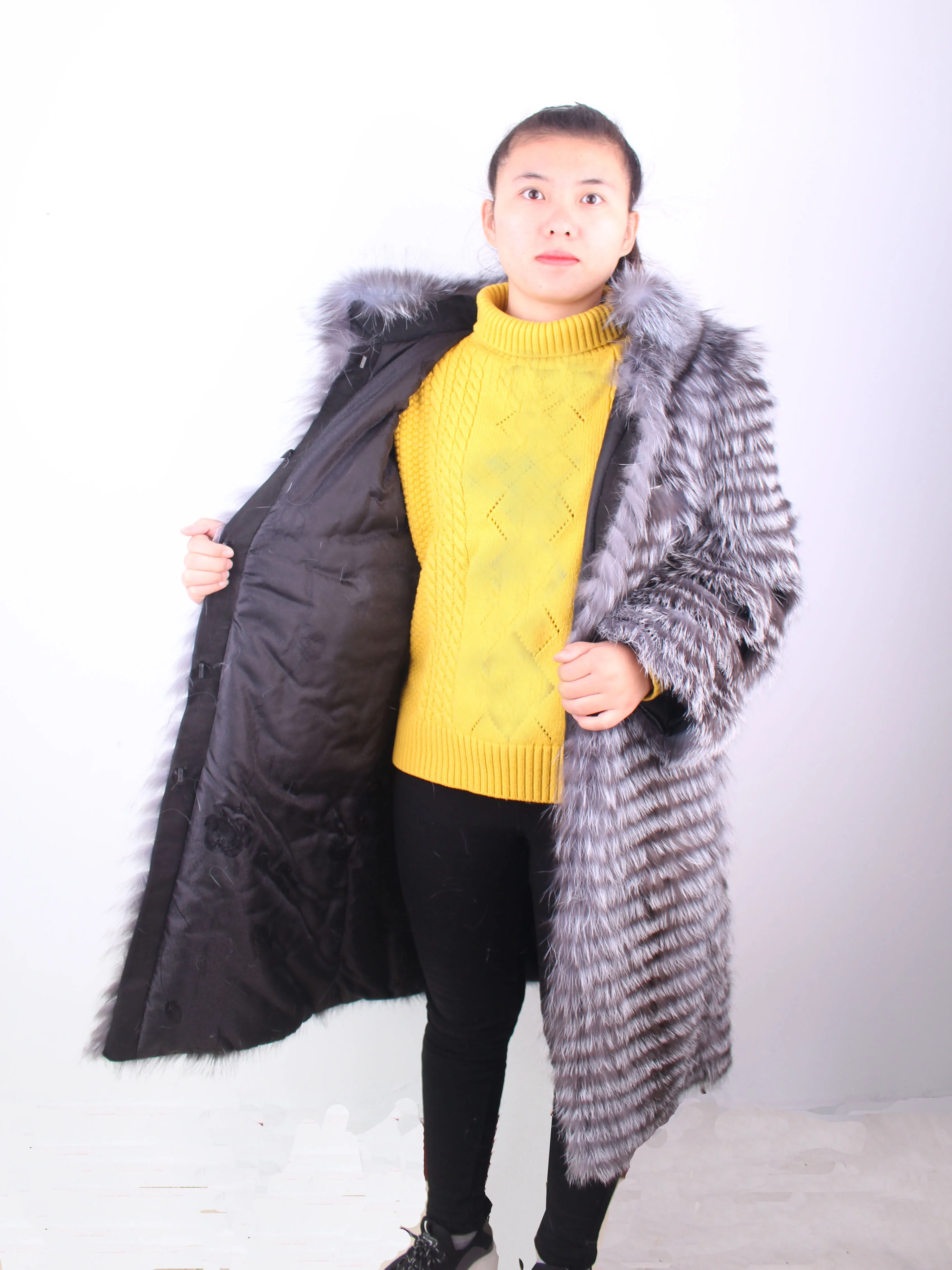 Linhaoshengyue nekilnojamojo Silver fox fur coat ilgis 100CM su Nuolatinio apykaklės