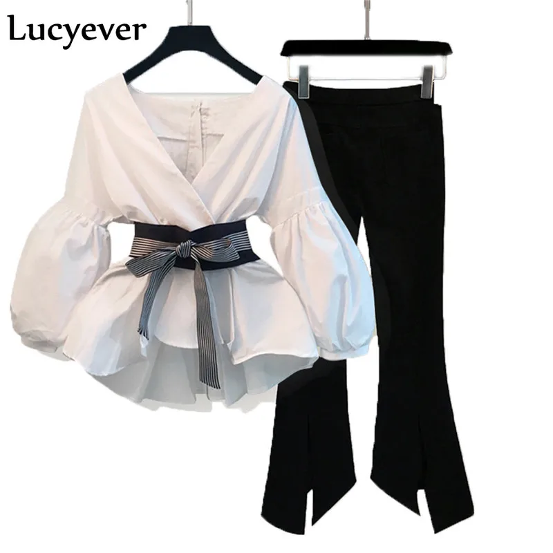 Lucyever Seksualus v-kaklo, moterims dviejų dalių rinkiniai mados pavasario tunika dryžuotas marškinėliai & juodos kelnės ponios komplektus korėjos kostiumas plius dydis