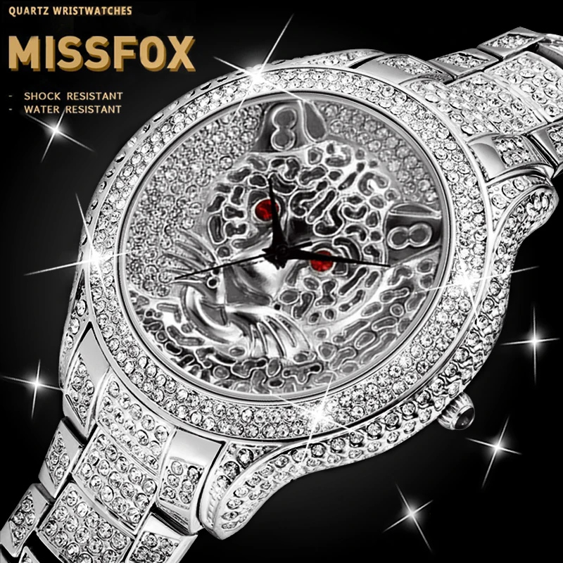 MISSFOX Sidabro Padengtą Tigras Žiūrėti Prabangos Prekės Atsparus Vandeniui, Visiškai Diamond Puikiai Vyrų Laikrodžiai 