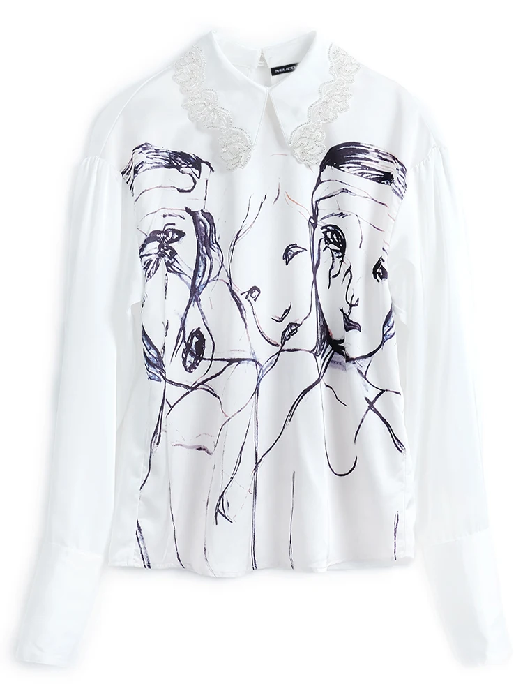 Mados siūlėmis siuvinėjimo nėrinių atvartas zawalcowany abstraktaus pobūdžio atspausdinta marškinėliai viršuje moterų 2020 m. rudens pradžioje naujas