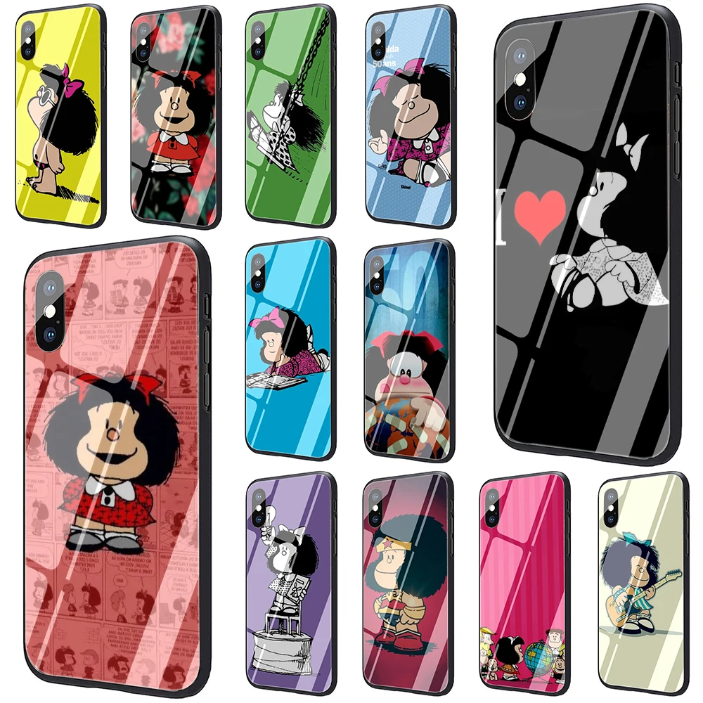 Mafalda Grūdintas Stiklas TPU Juodo Dangtelio Case for iPhone 5 5S SE 2020 6 6s 7 8 plus X XR XS 11 pro Max
