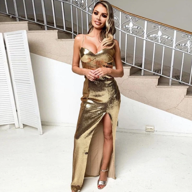 Max Spri 2019 Stiliaus Naujas Moterų Sexy Aukso Blizgučiais Spagečiai Dirželiai Giliai V-kaklo Backless Rankovių Padalinta Suknelė
