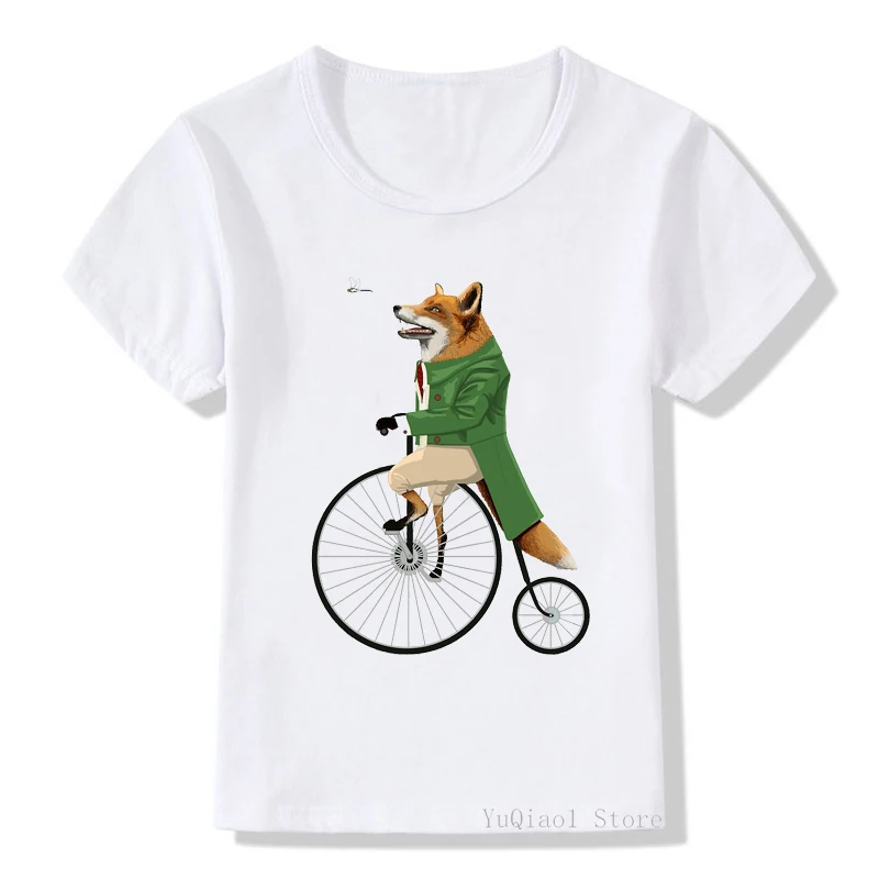Mielas gyvūnų fox/raganosio/tinginys važinėti dviračiu spausdinti juokinga t shirts harajuku kawaii vaikai marškinėlius berniukų, mergaičių drabužiai vaiko marškinėliai