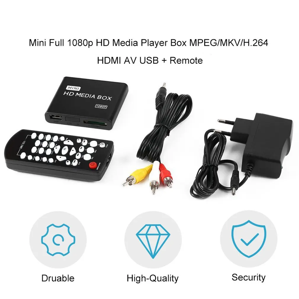 Mini Full 1080p HD Media Player Lauke MPEG/MKV/H. 264 HDMI, AV, USB + Nuotolinio Paramos MKV / RM-SD / USB / SDHC / MMC HDD-HDMI