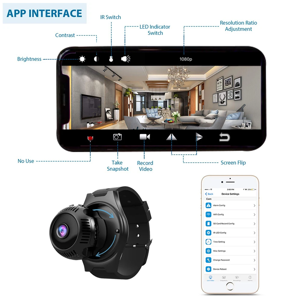 Mini Sporto veikla Kamera HD1080P WiFi Vandeniui plataus kampo lensesWireless Infraraudonųjų spindulių Naktinio Matymo Fotografavimo Smart Žiūrėti vaizdo Kamera