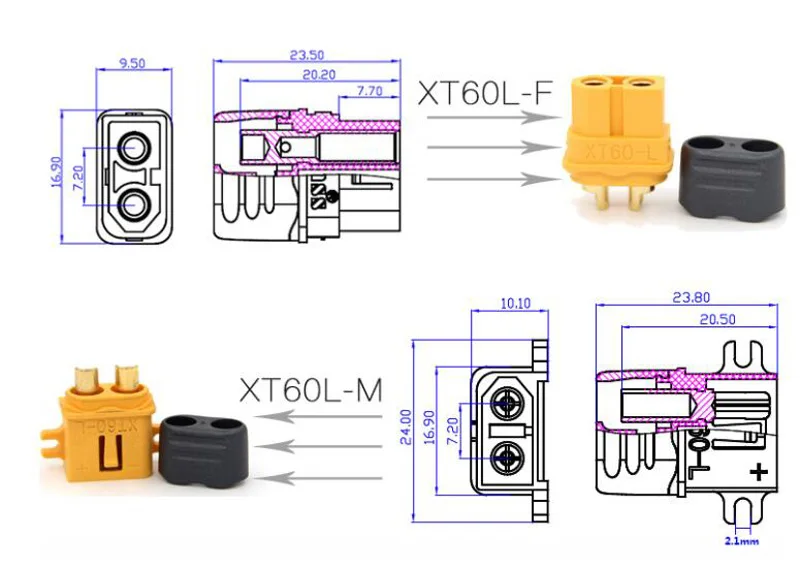 Montuojamiems XT60 Plug XT60L Maitinimo Baterijos Jungtis Vyrų/Moterų XT60L-M/F Adapteris F RC Modelio Įkroviklį Valdytojas Elektriniai Krautuvai