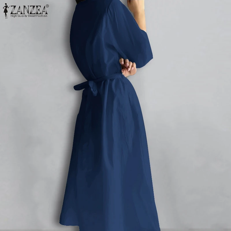 Moterys Vidurio blauzdos Suknelė 2021 Elegantiškas Ponios Nėriniai Vestidos ZANZEA Rudens Retro ilgomis Rankovėmis Atsitiktinis, Kietas Apdaras Longue Negabaritinių 5XL